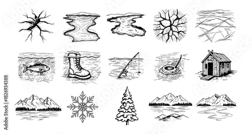 Winter adventures: sketches of ice, fishing, and mountain landscapes
