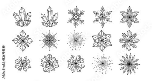 Geometric crystal and snowflake designs in intricate linear art style
