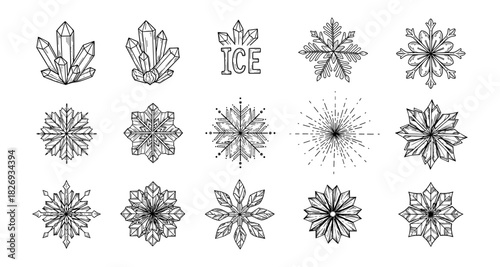 Intricate outline snowflake and crystal designs set