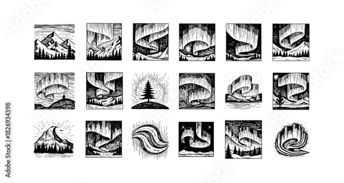 Intricate monochrome nature scenes with northern lights and mountains