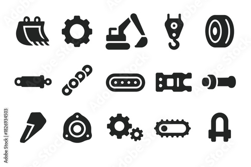 Set of construction equipment icons featuring tools and machinery components