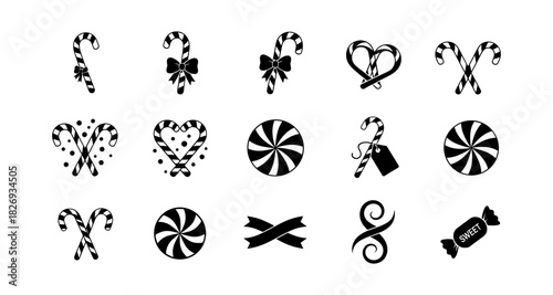Festive black and white candy cane icons for holiday design projects