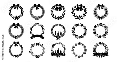 Silhouette wreath set: holiday and seasonal decorative designs with ribbons