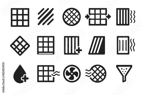 Air filter icons set: ventilation, purification symbols in vector style