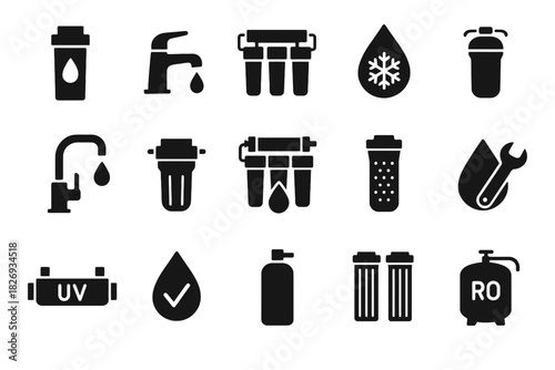 Water filtration icon set: faucets, filters, droplets, purification symbols