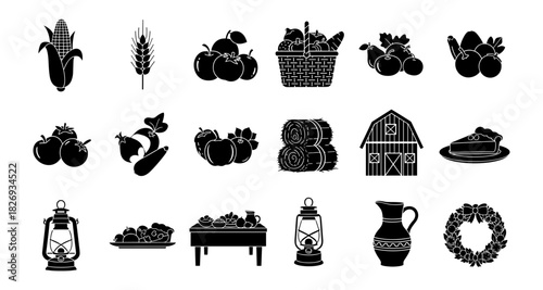 Silhouette icons of farm produce and rustic farmhouse objects