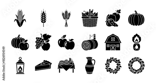 Silhouette icons of harvest and autumn: corn, apples, pumpkins, and more