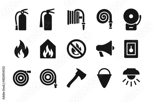 Fire safety icons: extinguisher, hose, alarm, flame, no fire sign, megaphone, axe, bucket, light