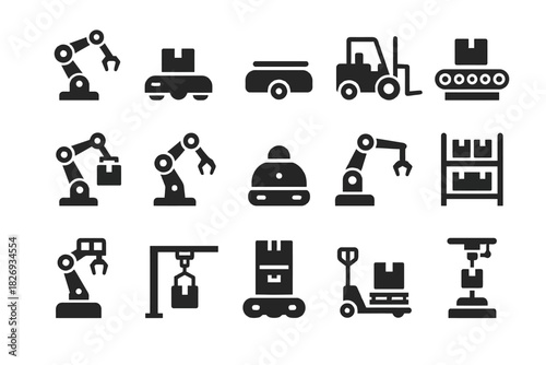 Industrial robotic icons: assembly line, forklift, conveyor belt, warehouse automation