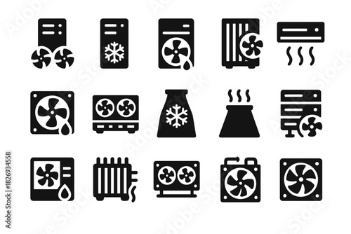 Set of black cooling and heating system icons featuring fans and radiators