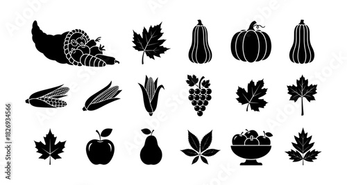 Black silhouette autumn harvest: leaves, corn, fruits, and vegetables in seasonal design