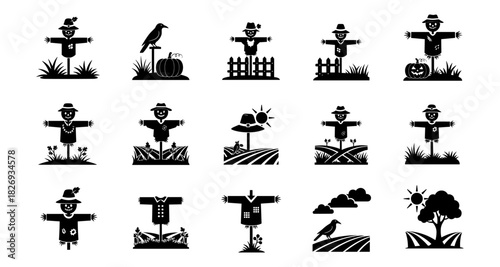 Set of cute scarecrow icons with autumn harvest elements in black silhouette style