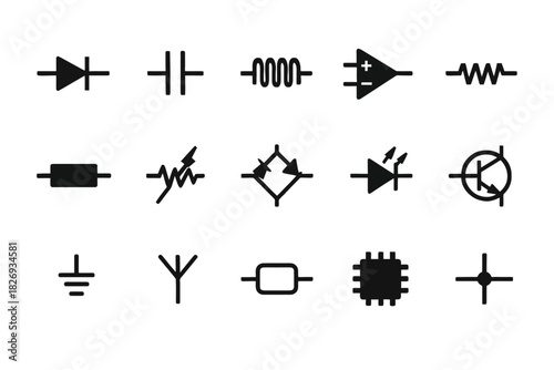 Collection of electrical circuit symbols: diode, resistor, inductor, transistor, capacitor