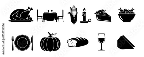 Thanksgiving feast icon set: silhouette symbols of holiday dining and celebration