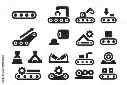 Set of conveyor belt and industrial machine icons for manufacturing