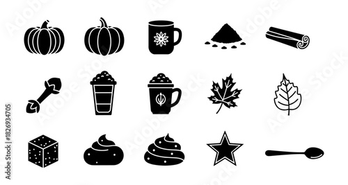 Autumn silhouette icons: pumpkin spice, maple leaf, cozy mug, cinnamon stick, and seasonal elements
