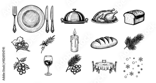 Elegant hand-drawn christmas dinner elements with candle and table setting