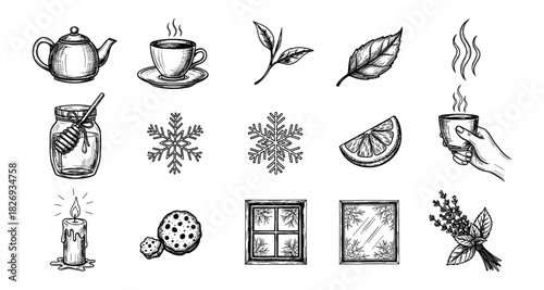 Hand drawn cozy winter tea elements collection with herbs and snowflakes