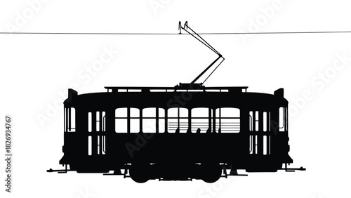 Detailed black silhouette of a vintage tram with overhead electrical cable, classic transportation, urban transit, retro vehicle, flat style, vector art, isolated on white background