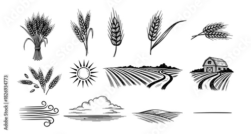 Rustic farming elements with wheat, barn, and fields in black and white style