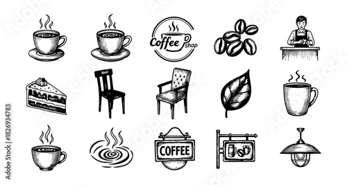 Hand drawn coffee shop set with cups, beans, and bakery elements for cafes and restaurants