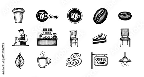 Hand-drawn coffee shop elements: barista, cup, bean, seating, cake, lamp