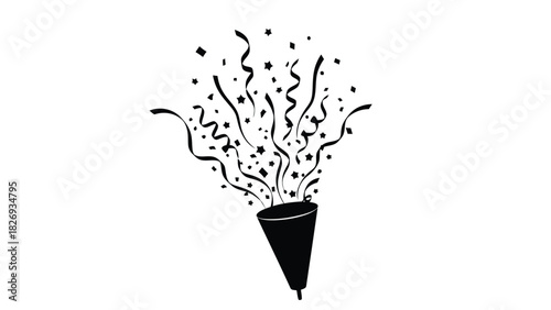 Black party popper with confetti and ribbons exploding upwards, celebration and festive mood, perfect for birthdays and special events, flat vector, sticker design, isolated on white background