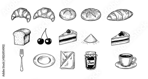 Hand-drawn bakery and breakfast set with bread, pastries, and coffee elements