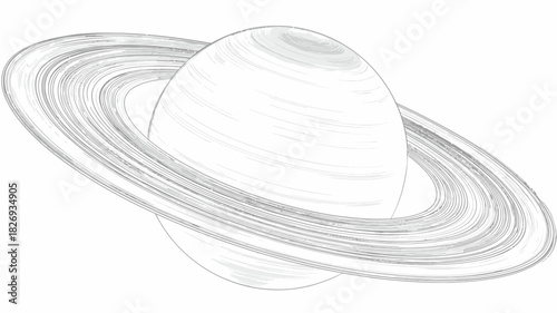 Detailed grayscale line art illustration of a ringed gas giant planet in space, perfect for astronomy, science, and education themes.