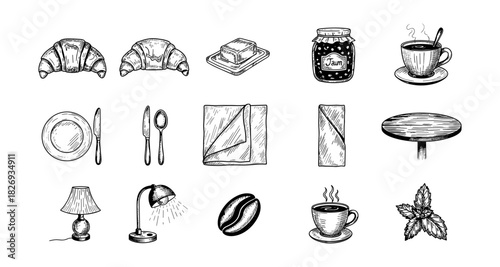 Hand-drawn breakfast essentials with coffee, croissants, and tableware