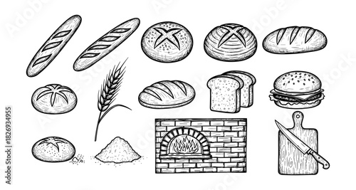 Hand drawn bakery bread set with sliced loaves and oven