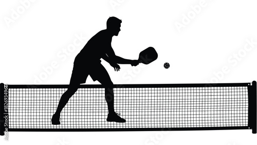 Pickleball player hitting ball over net silhouette isolated recreation sport graphic
