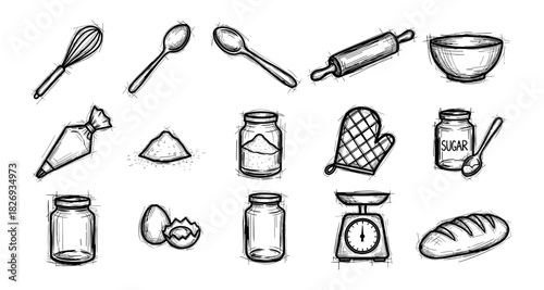 Hand-drawn kitchen utensils and ingredients for baking enthusiasts