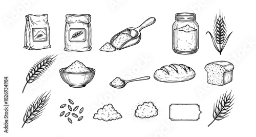 Hand-drawn bakery ingredients collection with wheat and flour elements