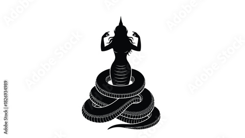 Naga or Nagini goddess black silhouette mythological creature icon isolated on white