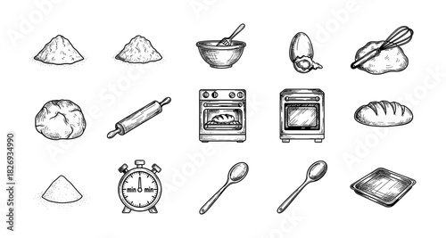 Hand drawn baking elements and kitchen tools set for culinary design