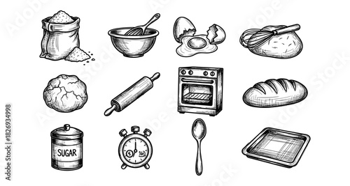 Hand-drawn baking essentials: ingredients, tools, and equipment collection