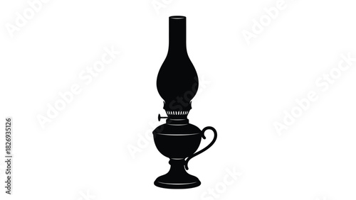 Vintage black kerosene lamp with handle, wick adjustment knob, and reservoir, casting a nostalgic glow, vector art, logo design, flat style, isolated on white background