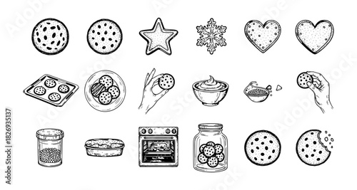 Hand drawn cookie collection featuring assorted shapes and baking elements