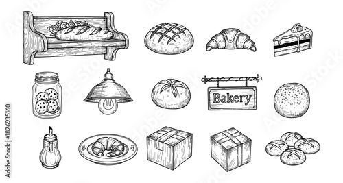 Hand drawn bakery elements with bread, pastries, and decorative items