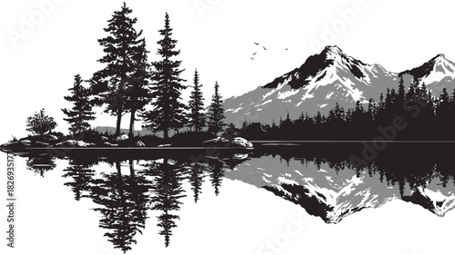 Stunning black and white illustration of a serene mountain lake reflecting pine trees and snow-capped peaks. Idyllic nature landscape.