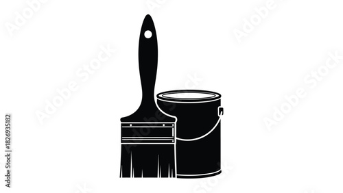 Detailed black paint brush and paint bucket, painting equipment for home renovation, construction and decoration, flat style, vector art, sticker design, logo design, isolated on white background