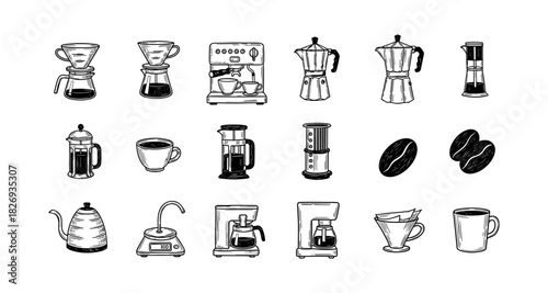 Hand drawn coffee makers and accessories collection for brewing enthusiasts