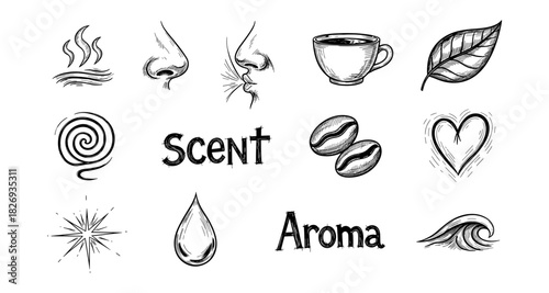 Hand-drawn aroma and scent elements collection of coffee and nature icons