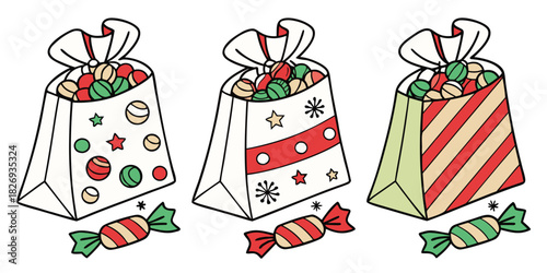 Three festive holiday gift bags filled with colorful candies and decorated with festive patterns, with individual candies scattered below each bag.