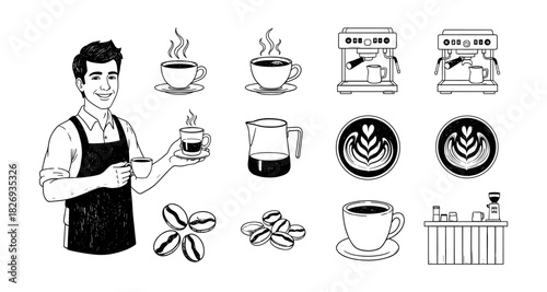 Barista brewing coffee in hand drawn style with coffee beans and latte art