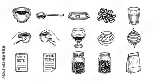 Hand drawn coffee icons: cups, beans, tasting notes, espresso art, glasses, and more
