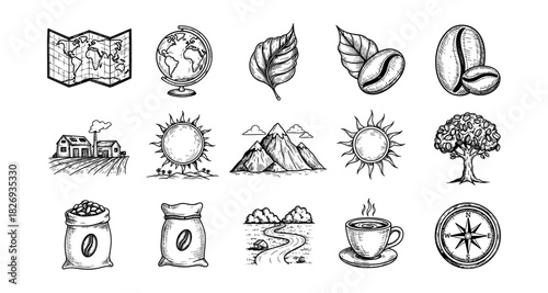 Vintage hand drawn coffee and travel icons in rustic style