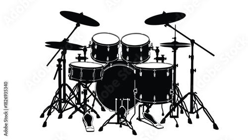 Full standard acoustic drum kit black silhouette vector isolated on white performance music concept