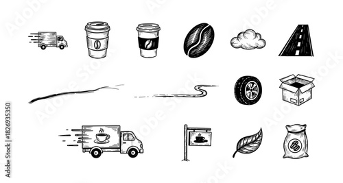 Hand drawn coffee icons with delivery and road elements in black and white